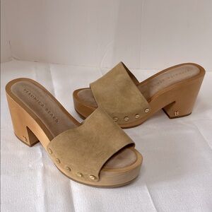 Veronica Beard Camel Leather Mules with Block Heel